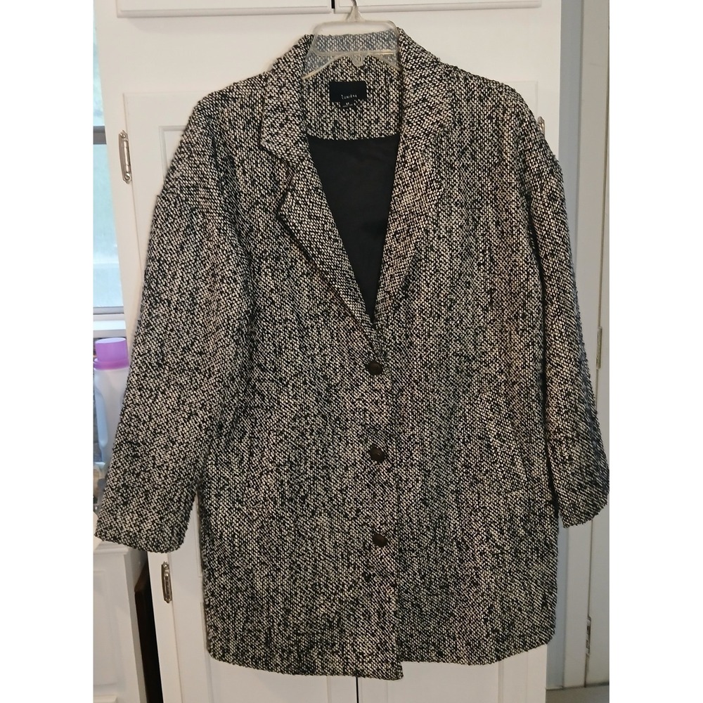 Lumiere Lady Oversized Jacket Polyester Wool Blend Button Black White Tweed Sz M